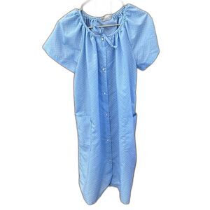 Hedy Lin Casual Dress Robe Women L Blue Vintage House Polka dots Pockets Snap
